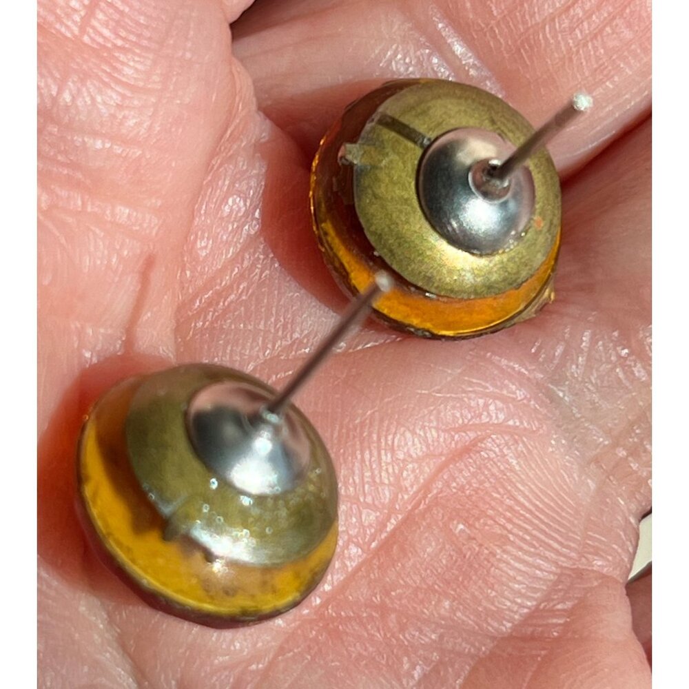 Vintage Amber-Like Gemstone Stud Earrings With Metal Backing – .5” Diameter - Picture 6 of 7